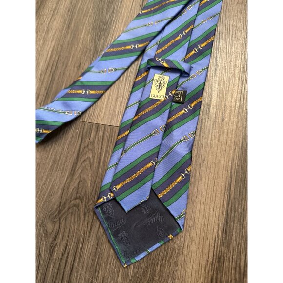 Gucci Men's Vintage Silk Blue Stripe Abstract Belt Print Tie Made in Italy - Picture 3 of 7